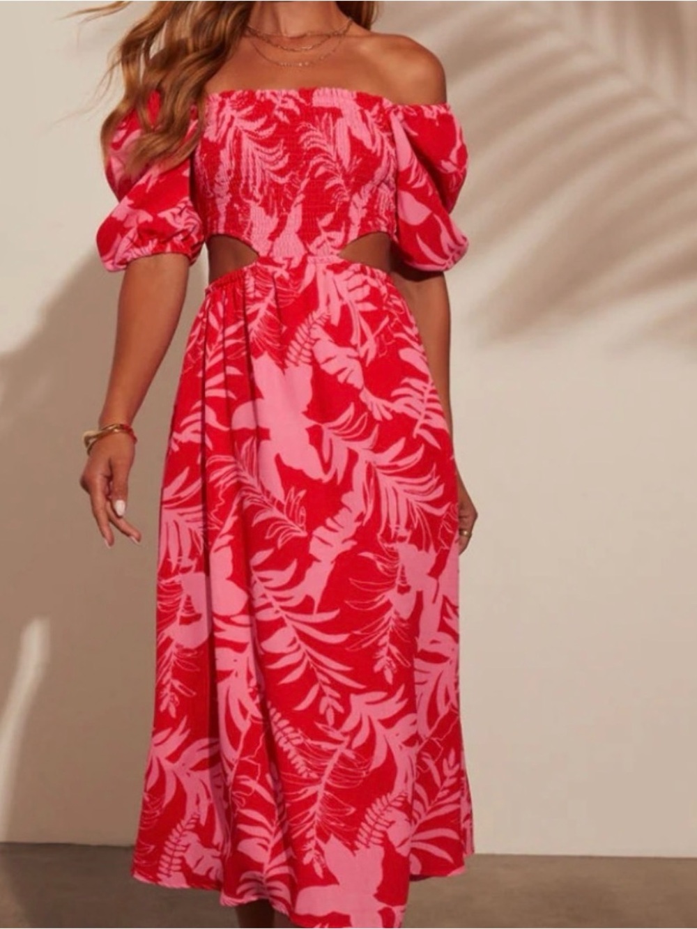 Vici Pink and Red Off-Shoulder Cutout Maxi Dress